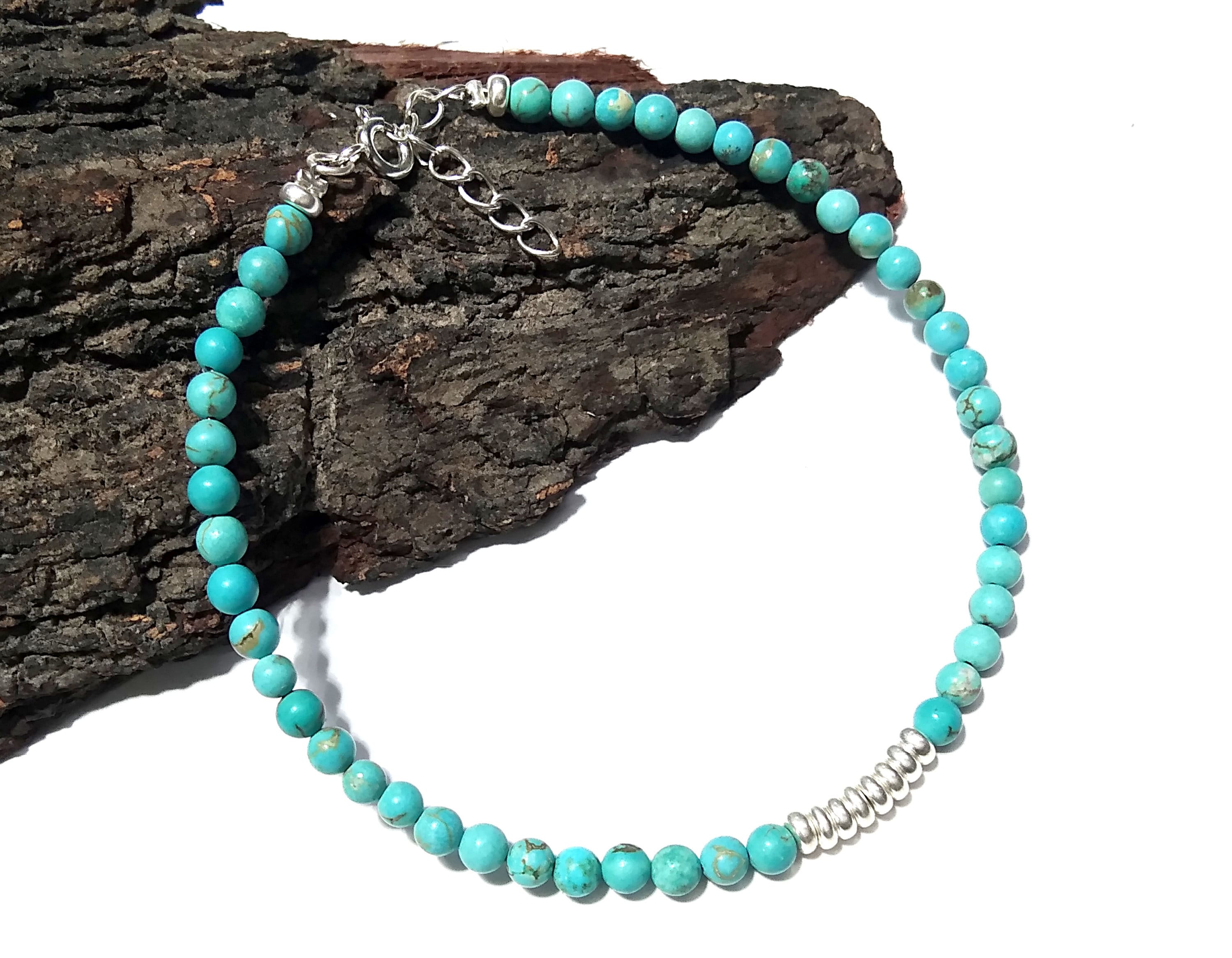 Natural Turquoise Gemstone Bracelet, Solid 925 Silver Wristlet Beaded Bracelet, Healing Crystal Beaded Bracelet, Men & Women Round Bracelet